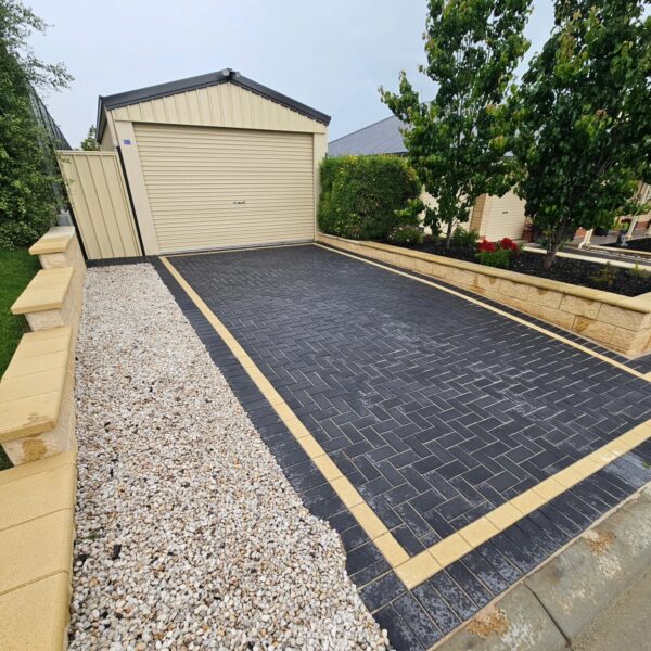 Brick Paver Driveway Charcoal and Oatmeal | Easy Wall Oatmeal with Bullnose Cap | Maxwell Landscapes4